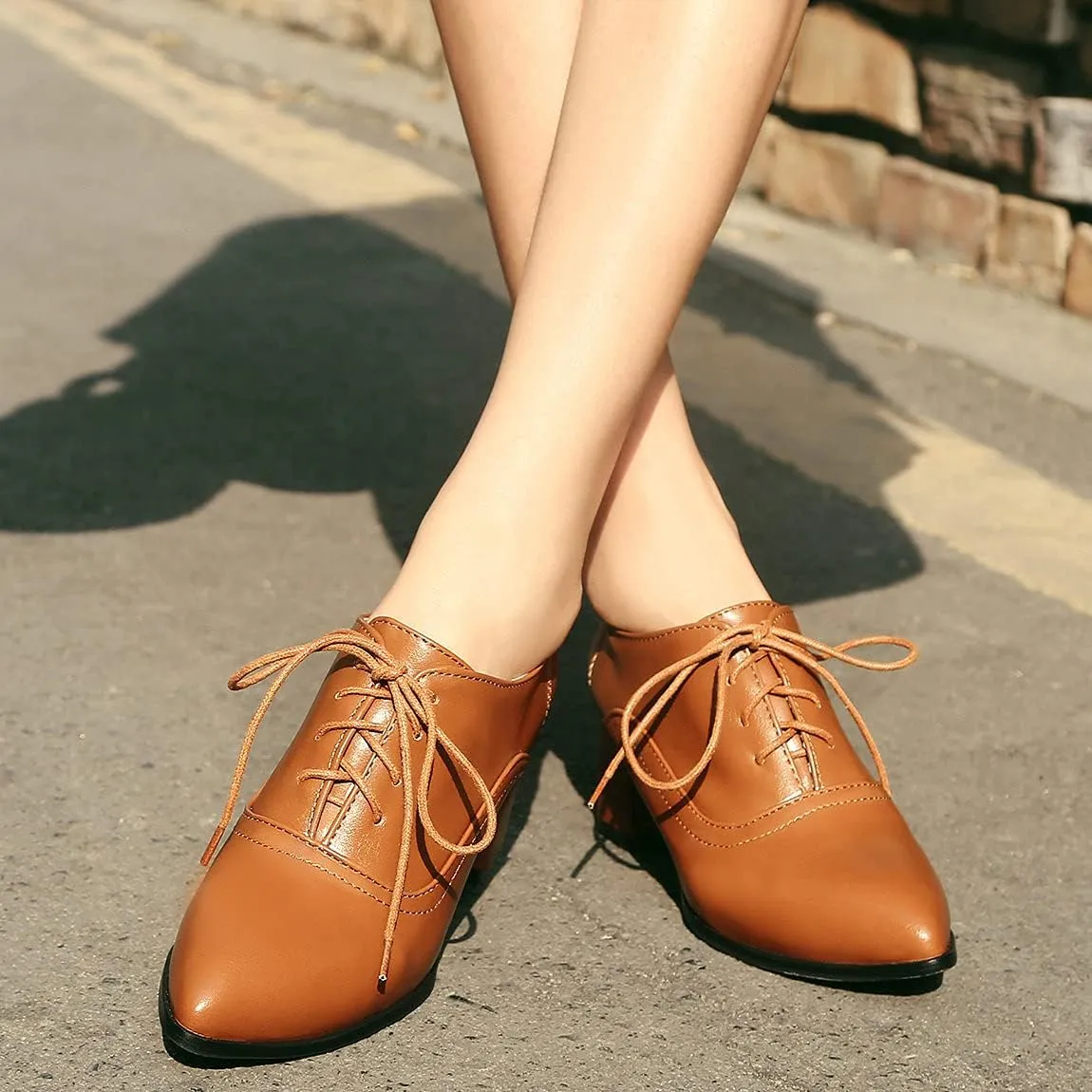 Trendenzy Women's Lace Up Oxford Heels Vintage Shoes Pointed Toe Chunky Block Heel Pumps