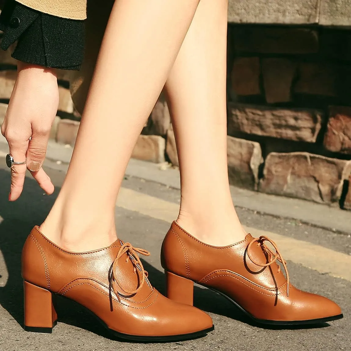 Trendenzy Women's Lace Up Oxford Heels Vintage Shoes Pointed Toe Chunky Block Heel Pumps