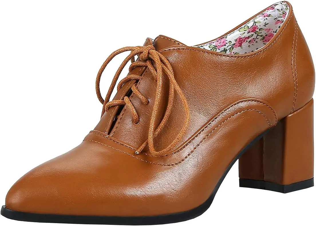 Trendenzy Women's Lace Up Oxford Heels Vintage Shoes Pointed Toe Chunky Block Heel Pumps