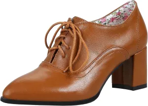 Trendenzy Women's Lace Up Oxford Heels Vintage Shoes Pointed Toe Chunky Block Heel Pumps