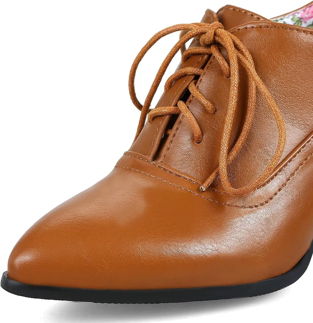 Trendenzy Women's Lace Up Oxford Heels Vintage Shoes Pointed Toe Chunky Block Heel Pumps