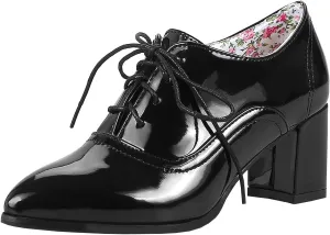 Trendenzy Women's Lace Up Oxford Heels Vintage Shoes Pointed Toe Chunky Block Heel Pumps