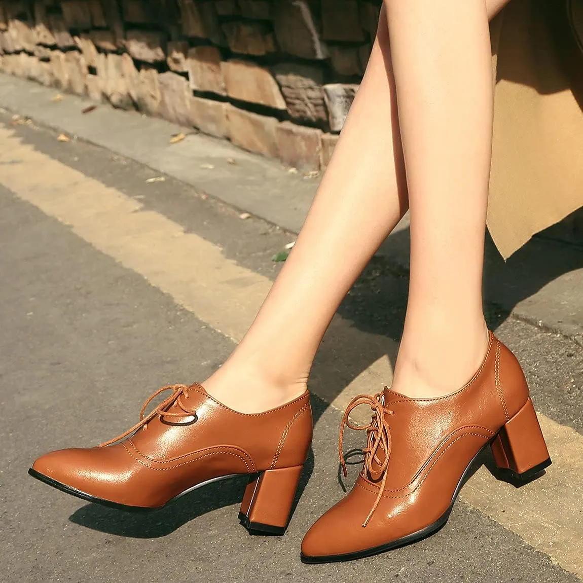 Trendenzy Women's Lace Up Oxford Heels Vintage Shoes Pointed Toe Chunky Block Heel Pumps