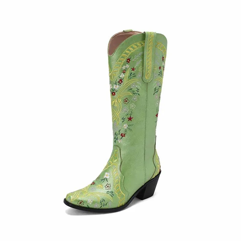 US3-US13 Women's Knee Length Embroidered Cowgirl Boots Cowboy boots in white, black,green color
