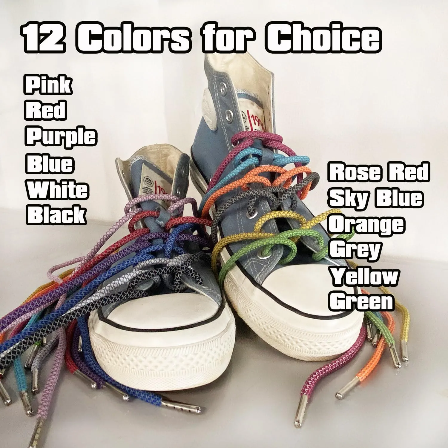 VASGO Iron Head Round Shoe Laces Reflective for Sneakers 10 Different Lengths 12 Colors