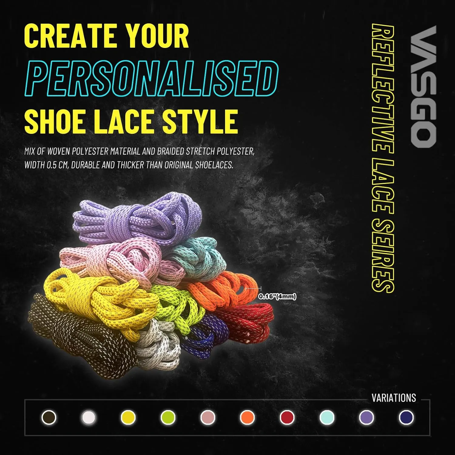 VASGO Round Shoe Laces Reflective for Boots 9 Different Lengths 10 Colors