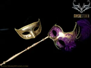 Venetian Couple Feather Masquerade Stick Mask Set Gold Purple