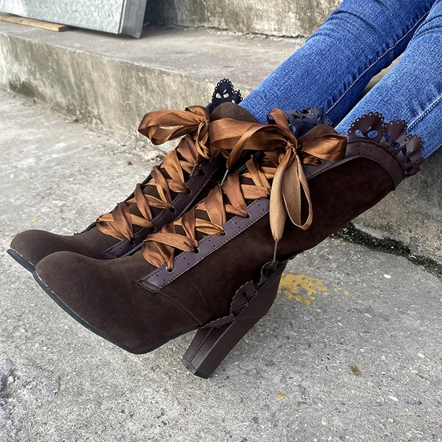 Victorian Boots for Women Casual Lace Up Renaissance Boots 70s Mid Heels Vintage Boots Halloween Cosplay Witch Shoes