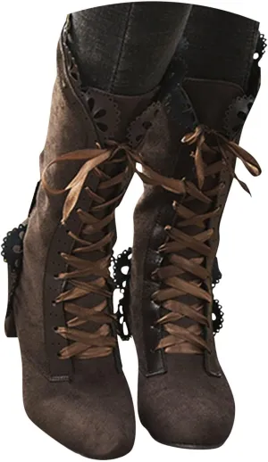 Victorian Boots for Women Casual Lace Up Renaissance Boots 70s Mid Heels Vintage Boots Halloween Cosplay Witch Shoes