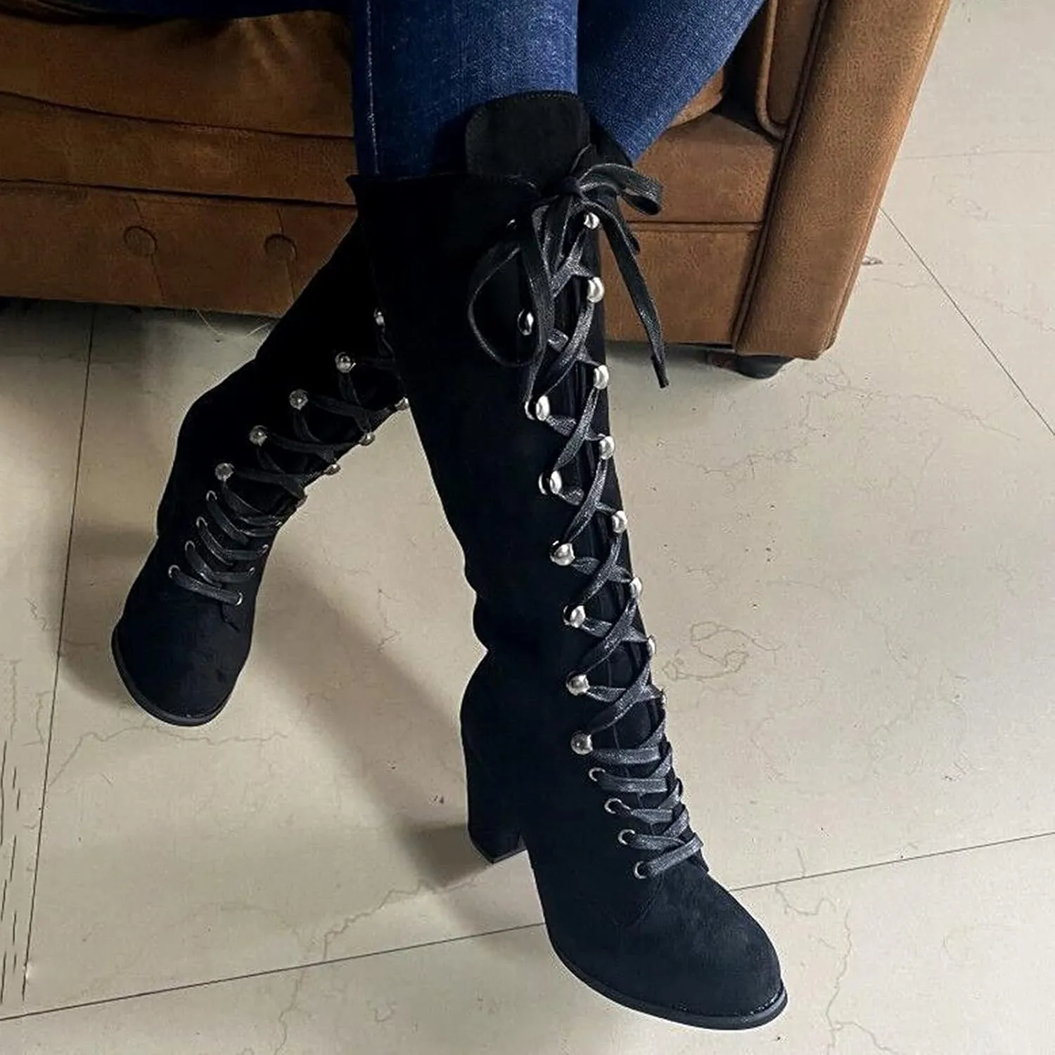 Victorian Boots for Women Medieval Vintage Chunky Heel Boots Fall Winter Suede Lace Up Mid Calf Boot Goth Steampunk Halloween