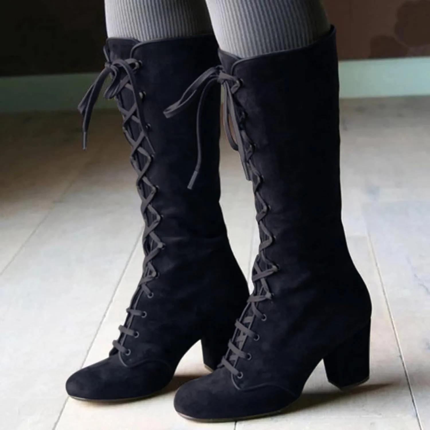 Victorian Boots for Women Medieval Vintage Chunky Heel Boots Fall Winter Suede Lace Up Mid Calf Boot Goth Steampunk Halloween
