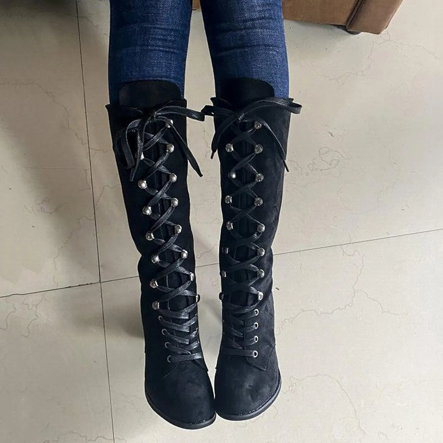 Victorian Boots for Women Medieval Vintage Chunky Heel Boots Fall Winter Suede Lace Up Mid Calf Boot Goth Steampunk Halloween
