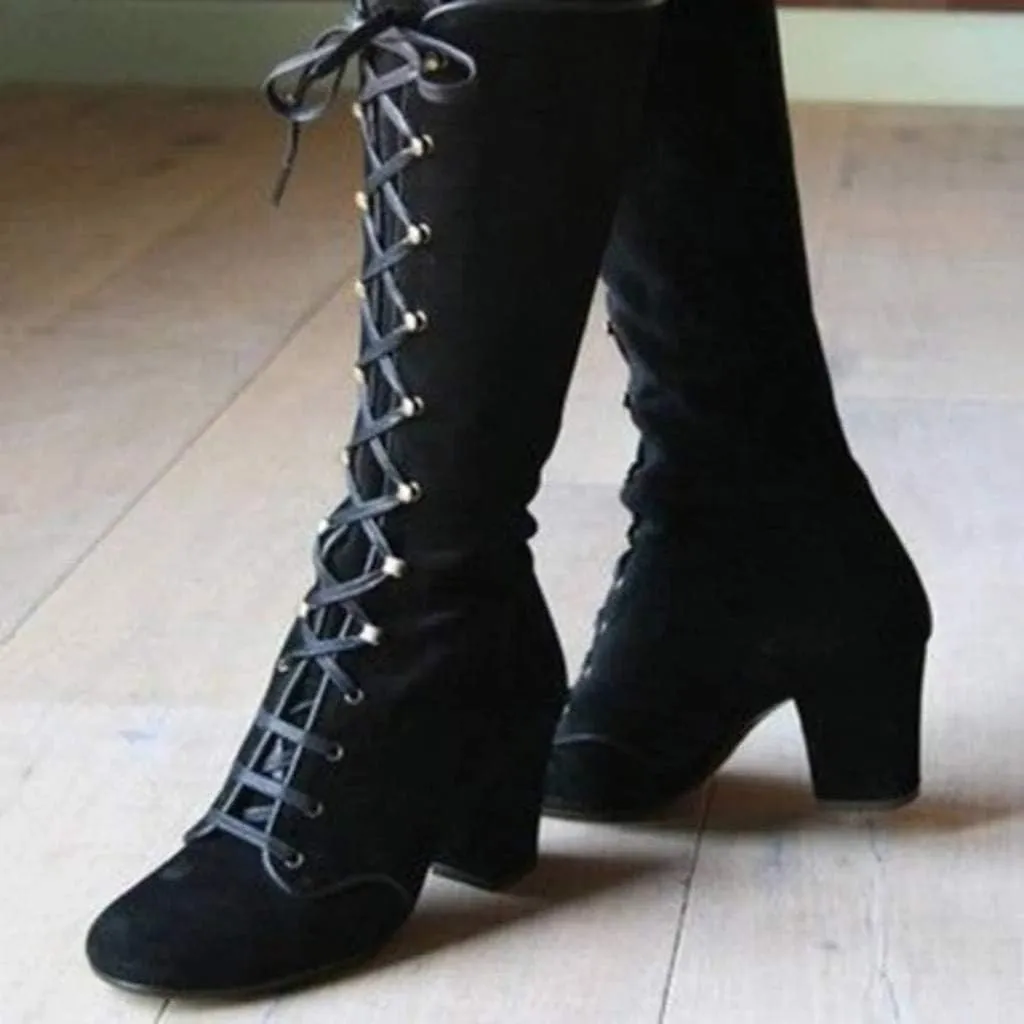 Victorian Boots for Women Medieval Vintage Chunky Heel Boots Fall Winter Suede Lace Up Mid Calf Boot Goth Steampunk Halloween