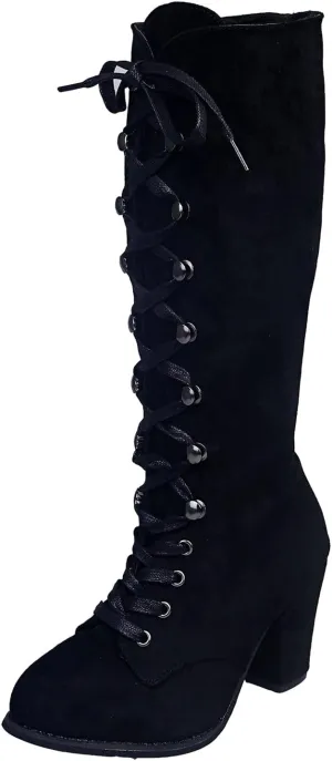 Victorian Boots for Women Medieval Vintage Chunky Heel Boots Fall Winter Suede Lace Up Mid Calf Boot Goth Steampunk Halloween