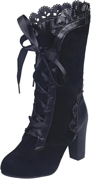 Victorian Boots for Women Medieval Vintage Chunky Heel Boots Fall Winter Suede Lace Up Mid Calf Boot Goth Steampunk Halloween