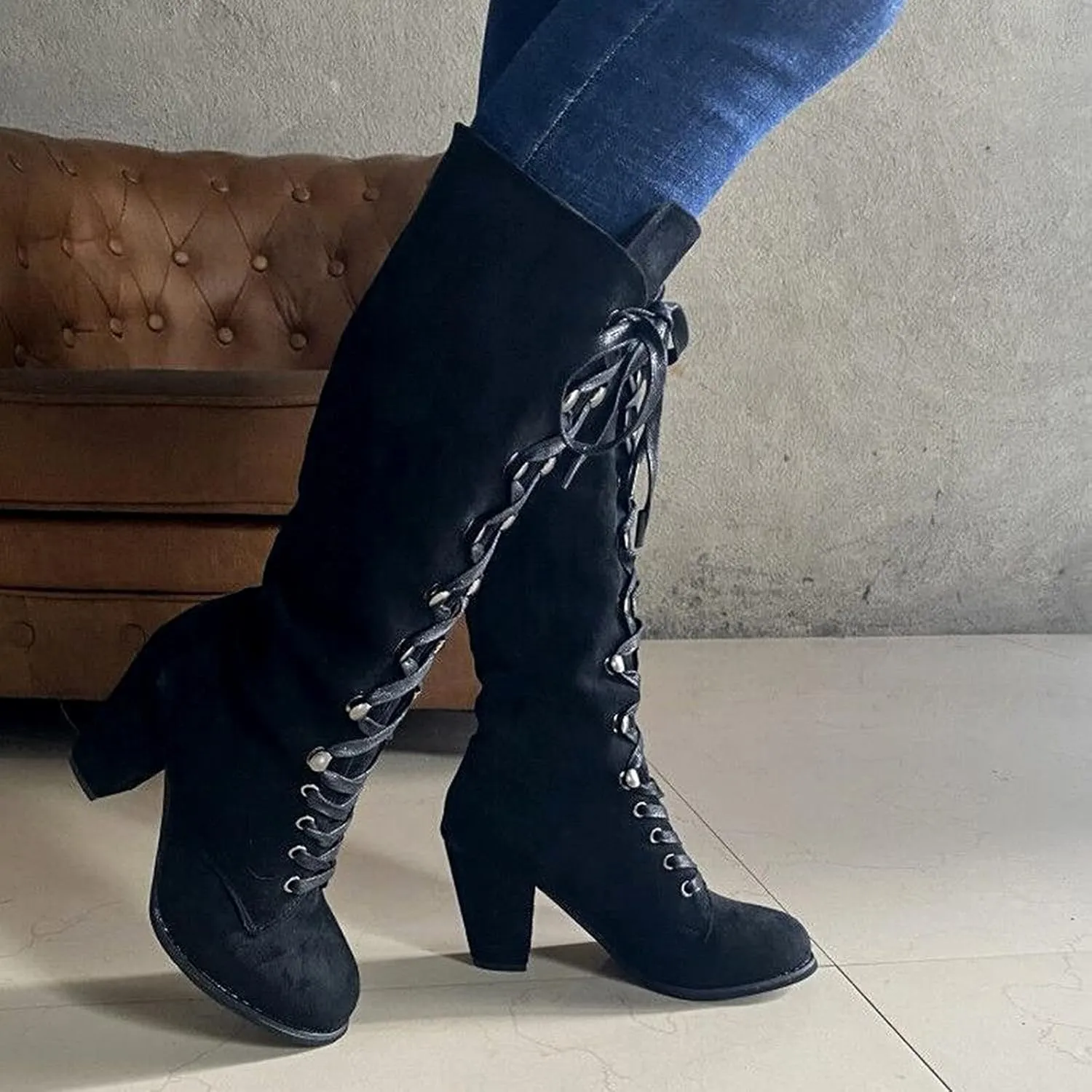 Victorian Boots for Women Medieval Vintage Chunky Heel Boots Fall Winter Suede Lace Up Mid Calf Boot Goth Steampunk Halloween