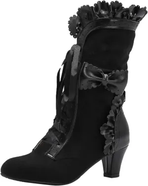 Victorian Boots for Women Vintage Bow Ruffles Goth Boots Lace Up 70S Retro Boots Halloween Witch Mid Calf Boots