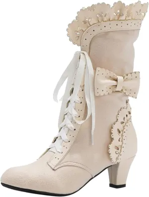 Victorian Boots for Women Vintage Bow Ruffles Goth Boots Lace Up 70S Retro Boots Halloween Witch Mid Calf Boots