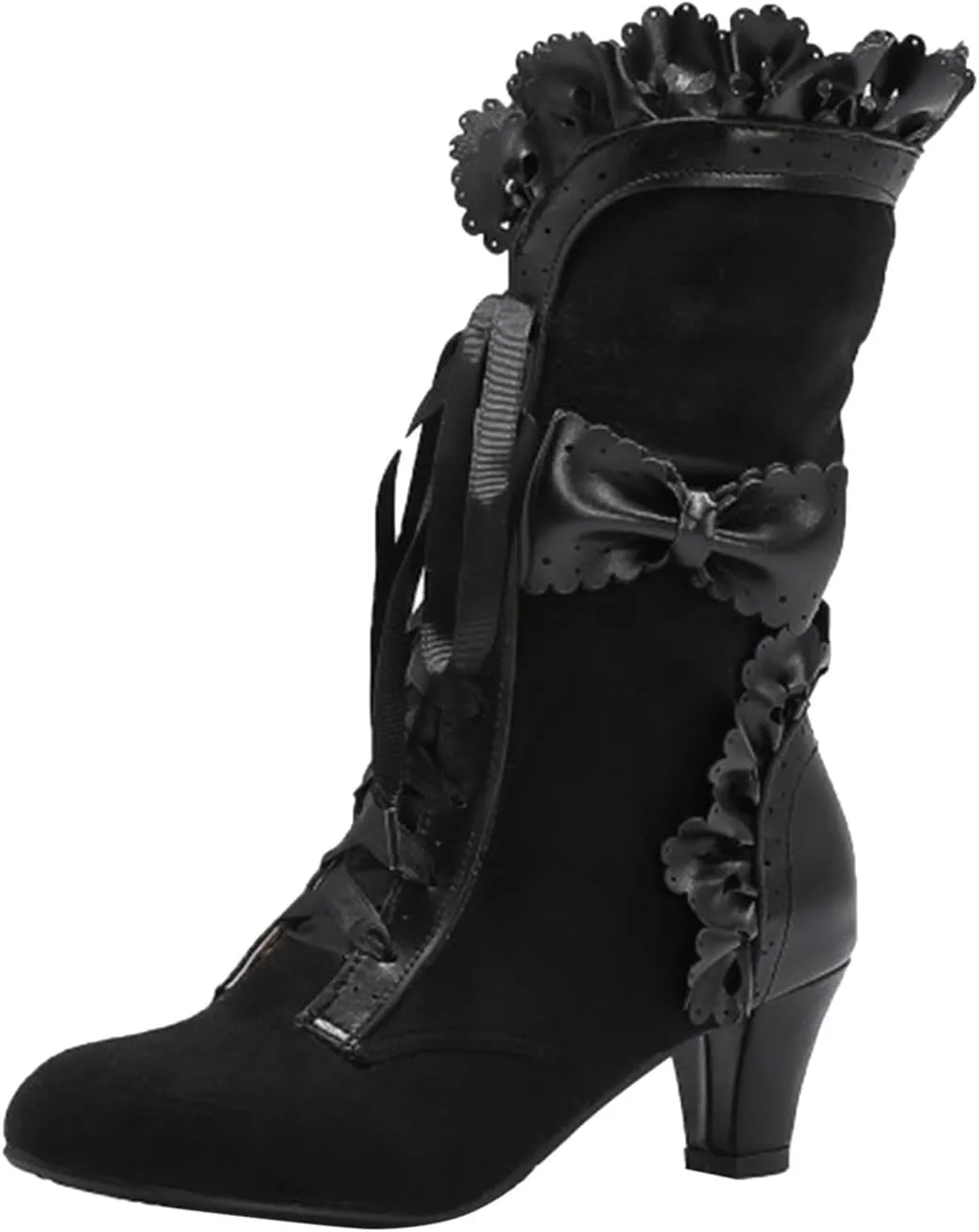 Victorian Boots for Women Vintage Bow Ruffles Goth Boots Lace Up 70S Retro Boots Halloween Witch Mid Calf Boots