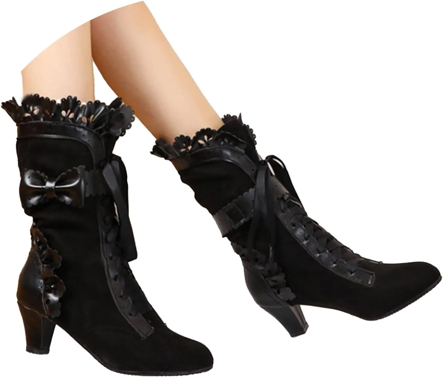 Victorian Boots for Women Vintage Bow Ruffles Goth Boots Lace Up 70S Retro Boots Halloween Witch Mid Calf Boots