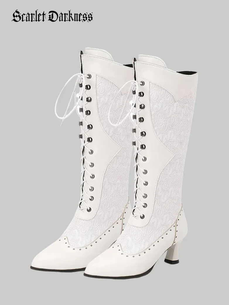 Victorian Gothic Hollow Cowboy Mid-calf High Heel Boots