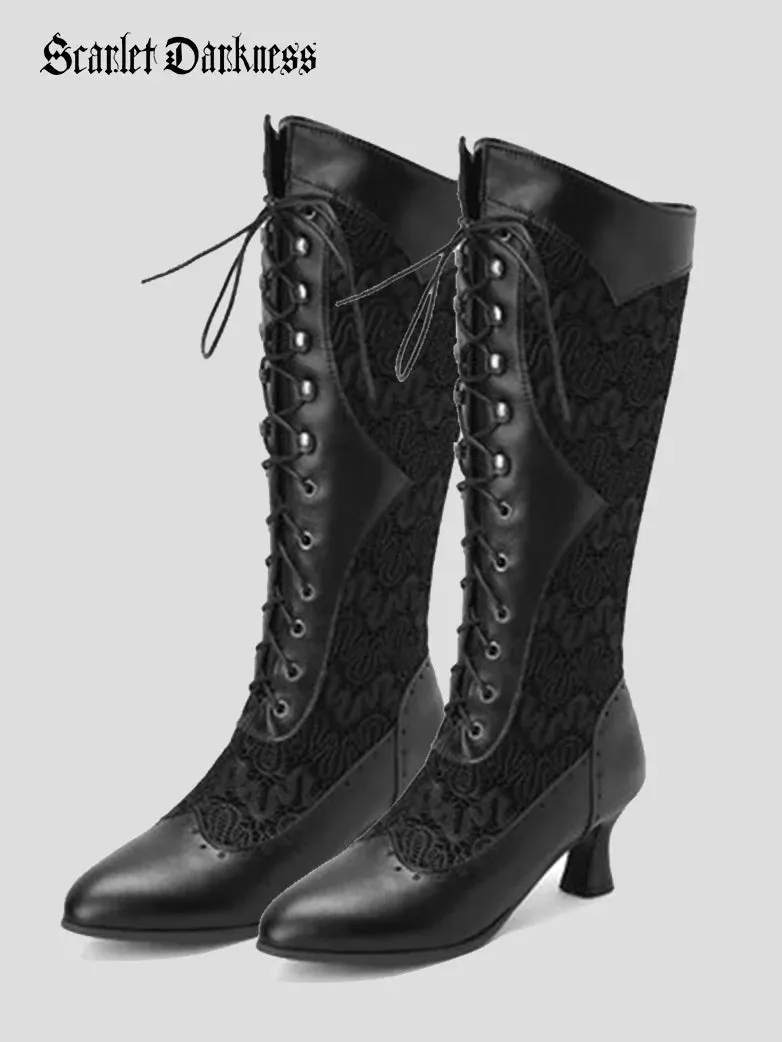 Victorian Gothic Hollow Cowboy Mid-calf High Heel Boots