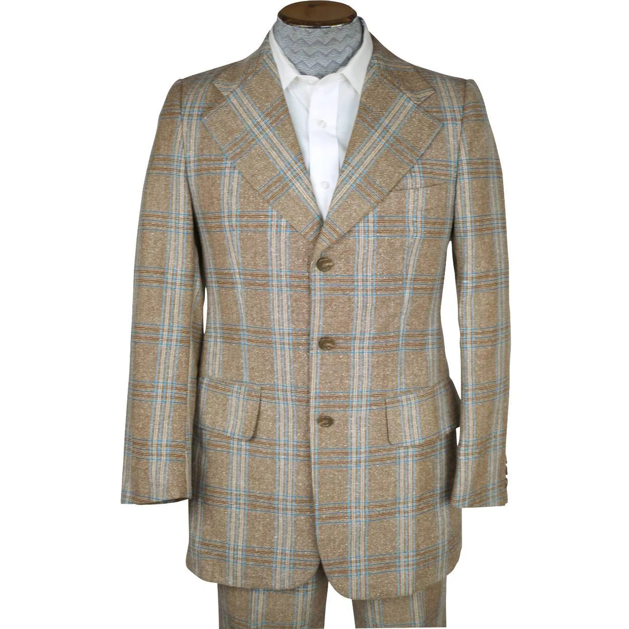 Vintage 1970s Mens Suit Checked Wool Silk Blend Disco Era Size S M