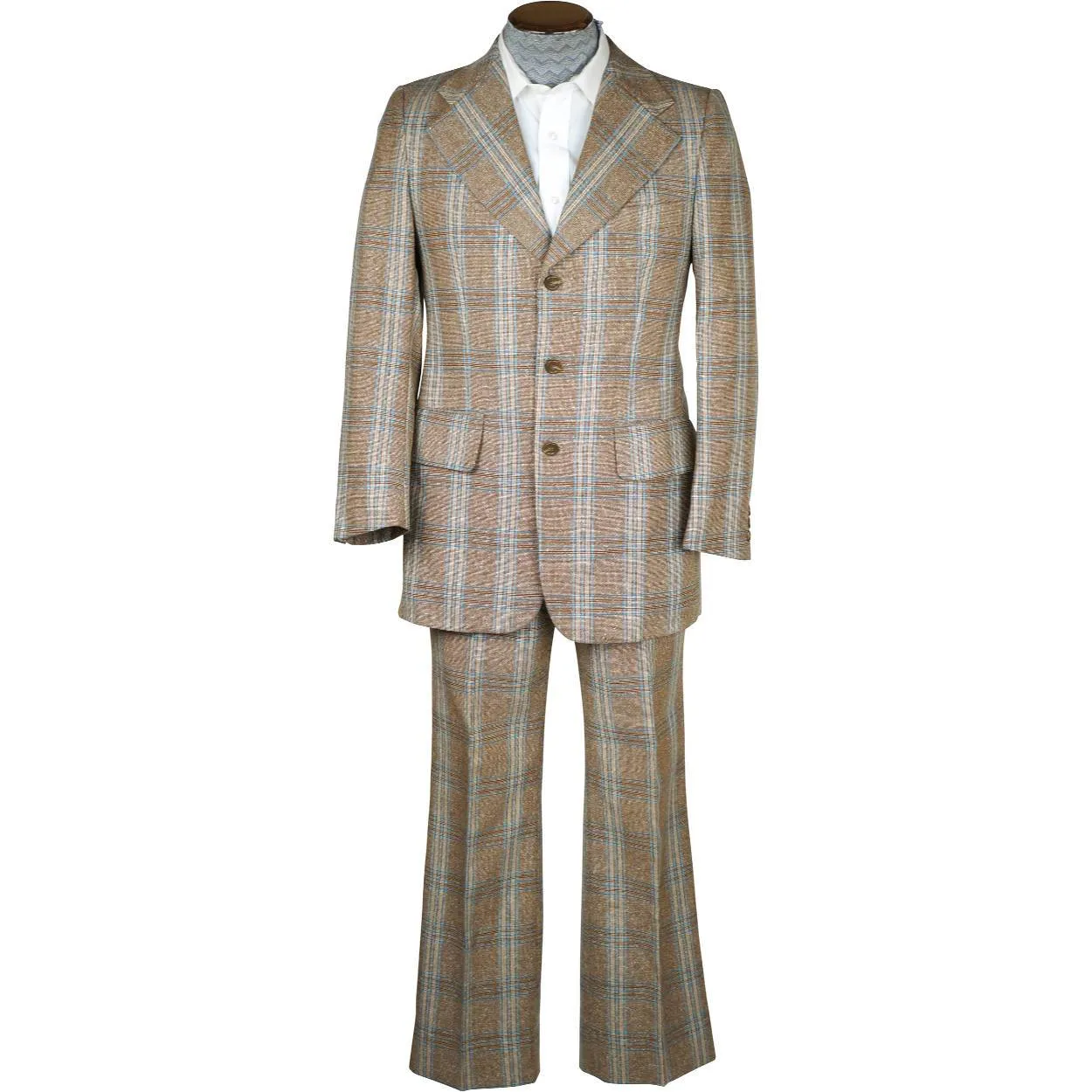 Vintage 1970s Mens Suit Checked Wool Silk Blend Disco Era Size S M