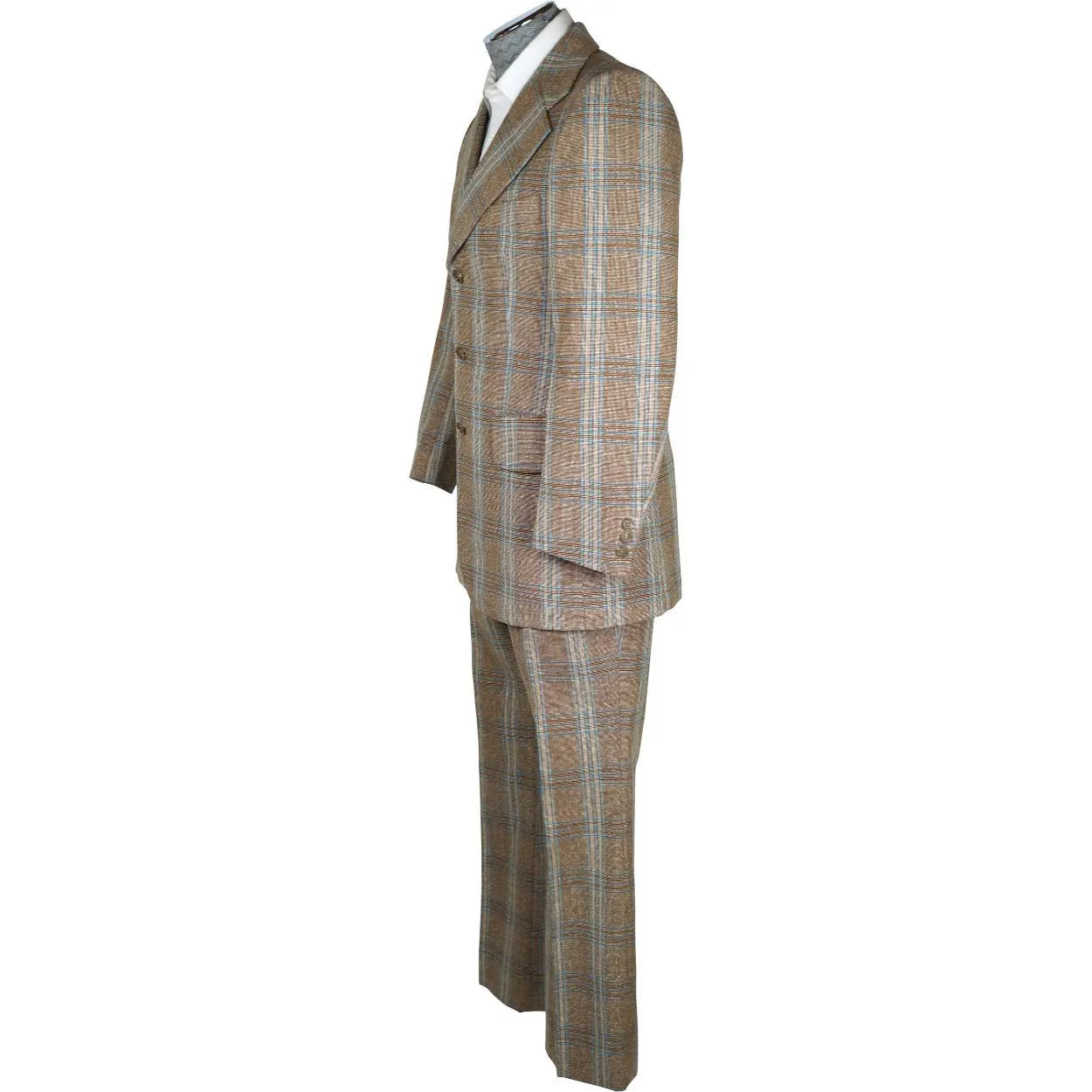 Vintage 1970s Mens Suit Checked Wool Silk Blend Disco Era Size S M