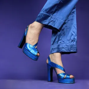 Vintage 1970s Terry De Havilland Electric Blue Snakeskin Platform Heels Shoes