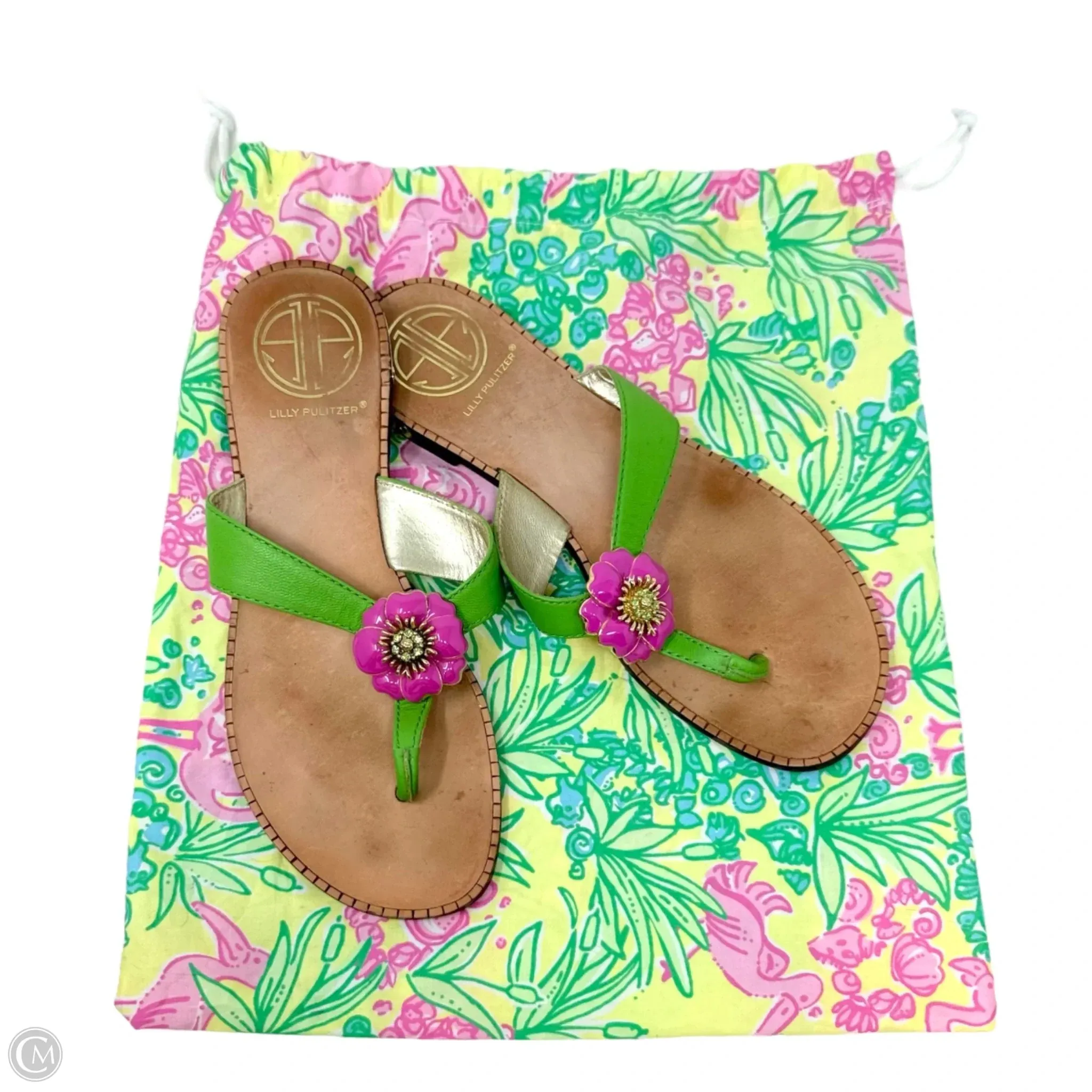 Vintage Rare Palm Beach Crystal Embellished Flower Thong Leather Sandals Designer By Lilly Pulitzer In Green & Pink, Size: 6.5 Comfort Grip