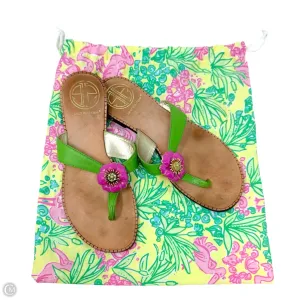 Vintage Rare Palm Beach Crystal Embellished Flower Thong Leather Sandals Designer By Lilly Pulitzer In Green & Pink, Size: 6.5 Comfort Grip
