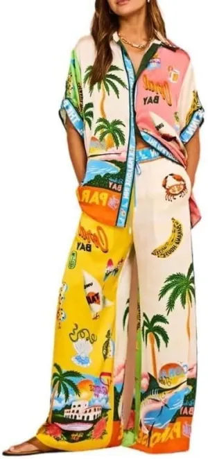 Vintage Y2K Graffiti 2 Pieces Pant Sets for Women Floral Fruit Print Short Sleeve Shirt Wide Leg Pants Beachwear Suit