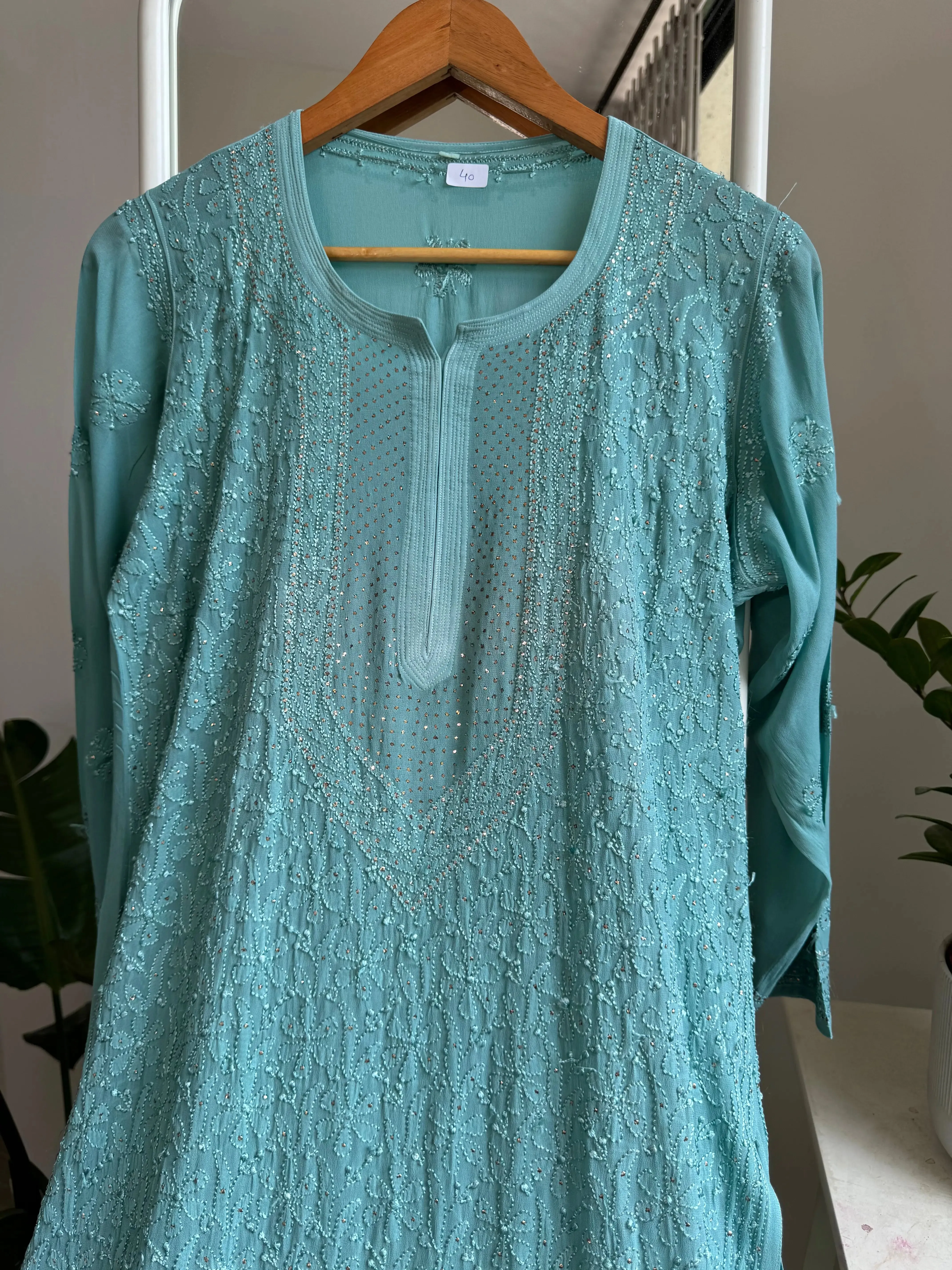 Viscose Kurti with Mukaish Work - Turquoise Blue