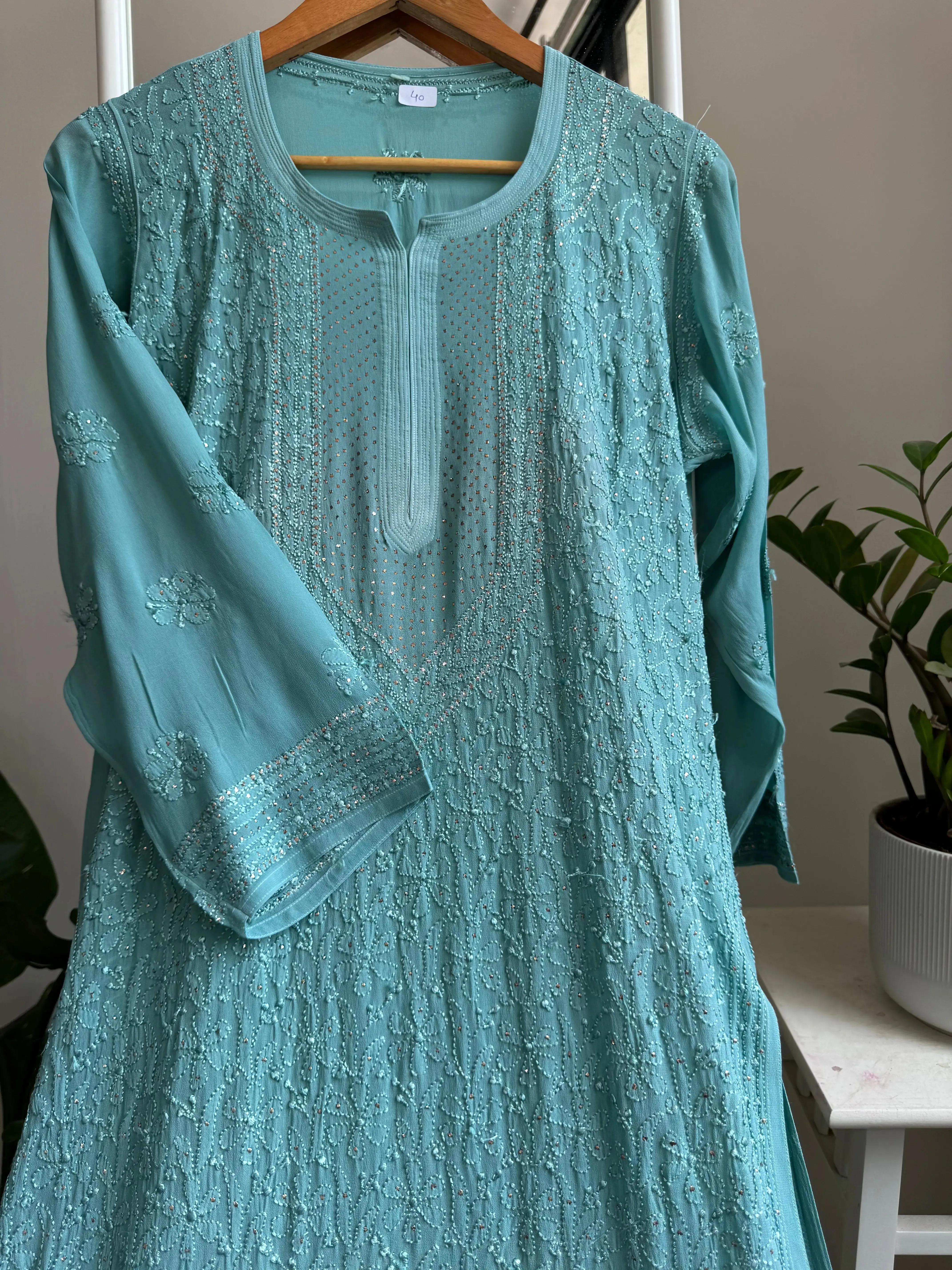Viscose Kurti with Mukaish Work - Turquoise Blue