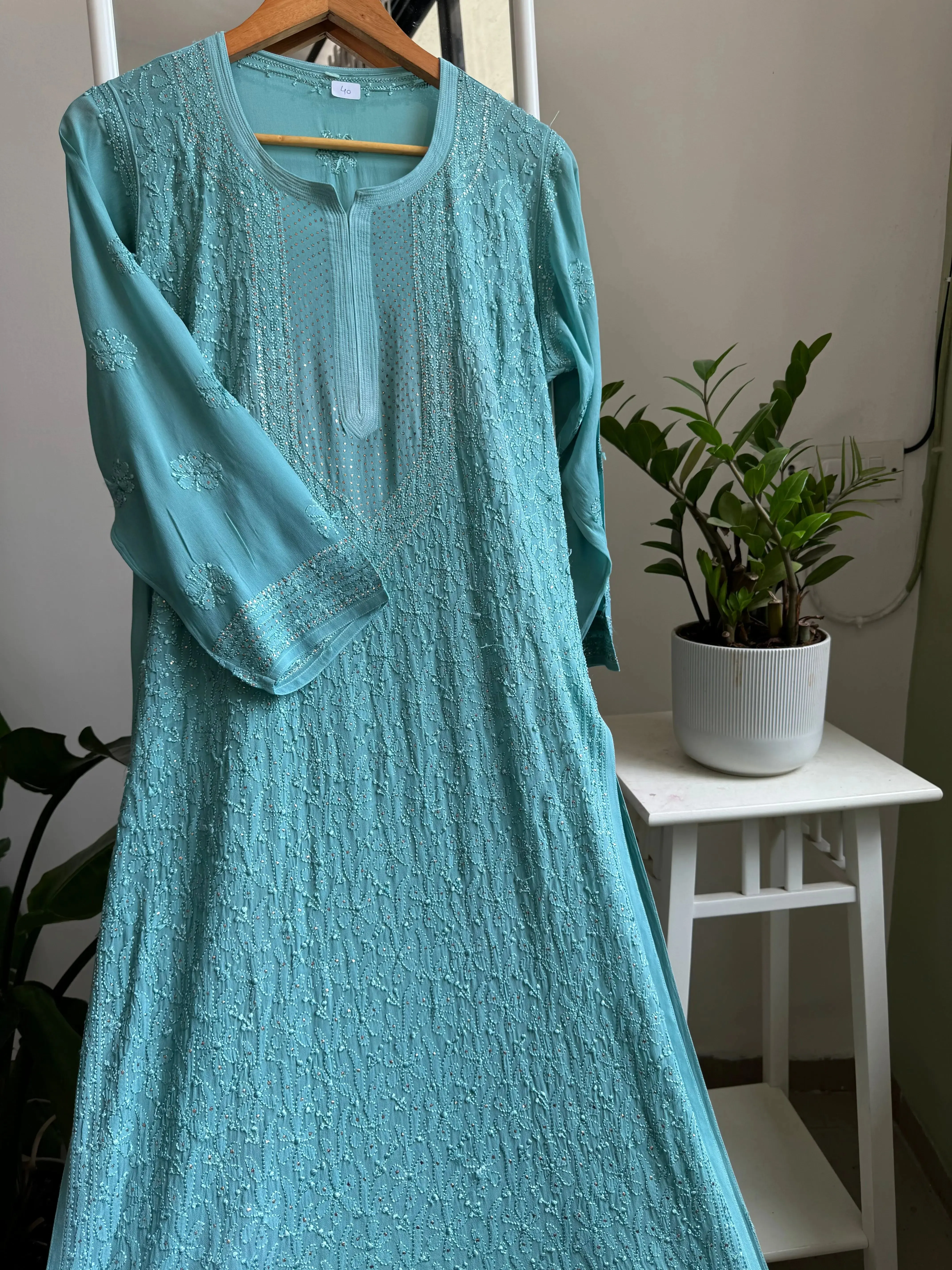 Viscose Kurti with Mukaish Work - Turquoise Blue