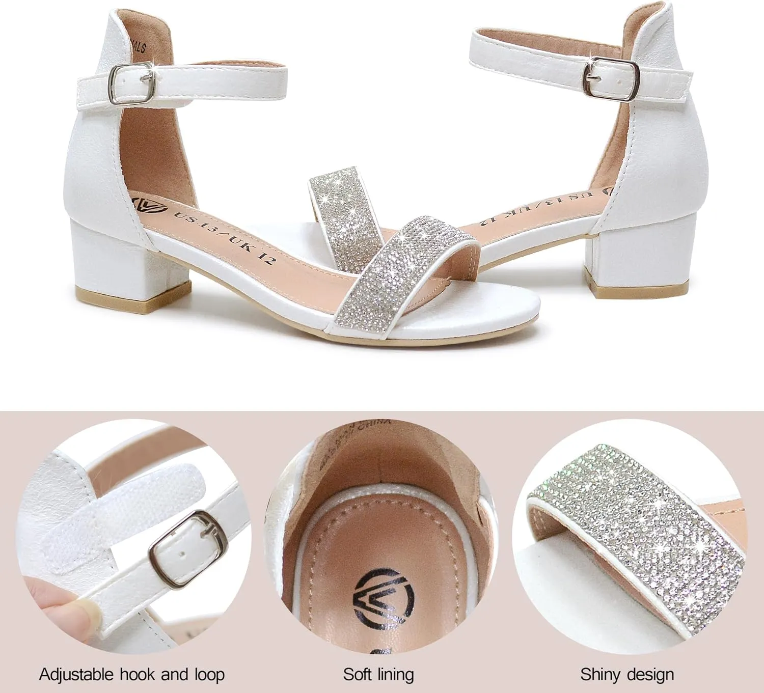 Vonair Girls Sandals Low Heels Ankle Strap Open Toe Dress Shoes Flower Girl Party Wedding Shoes for Girls