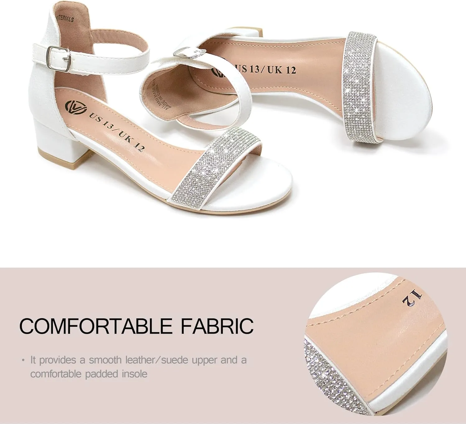 Vonair Girls Sandals Low Heels Ankle Strap Open Toe Dress Shoes Flower Girl Party Wedding Shoes for Girls