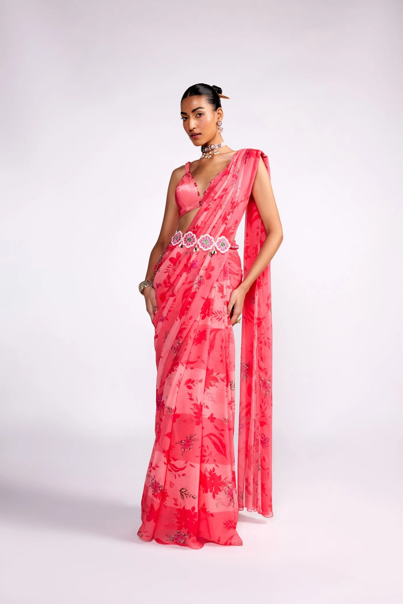 Watermelon pink pre drape saree set