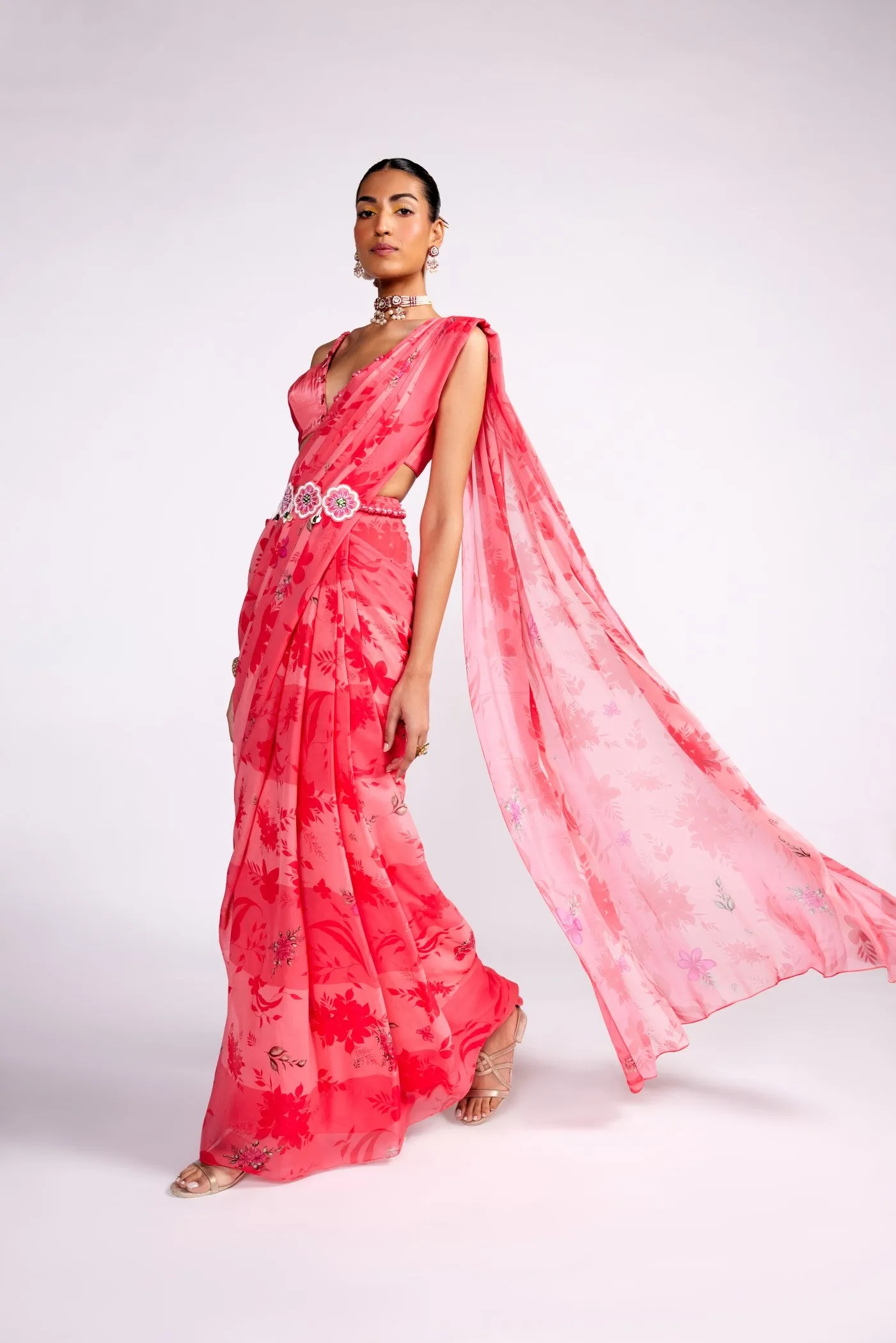 Watermelon pink pre drape saree set