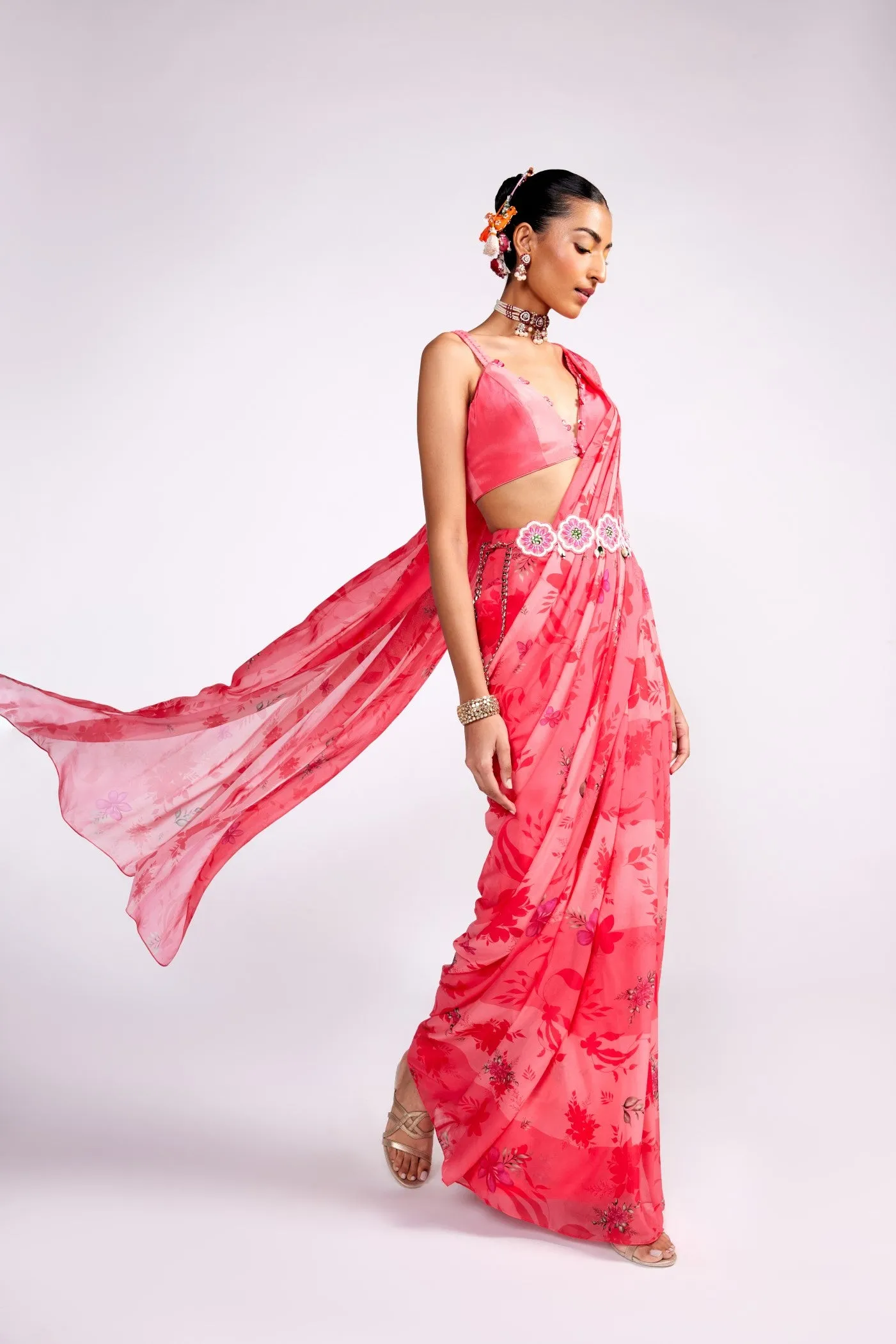 Watermelon pink pre drape saree set