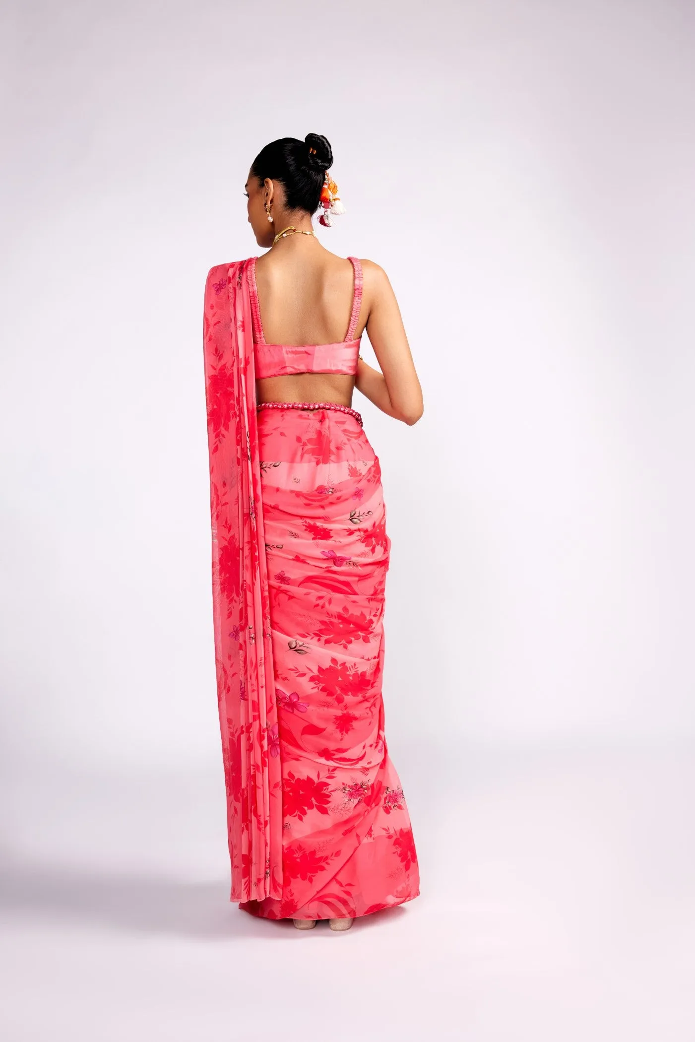 Watermelon pink pre drape saree set