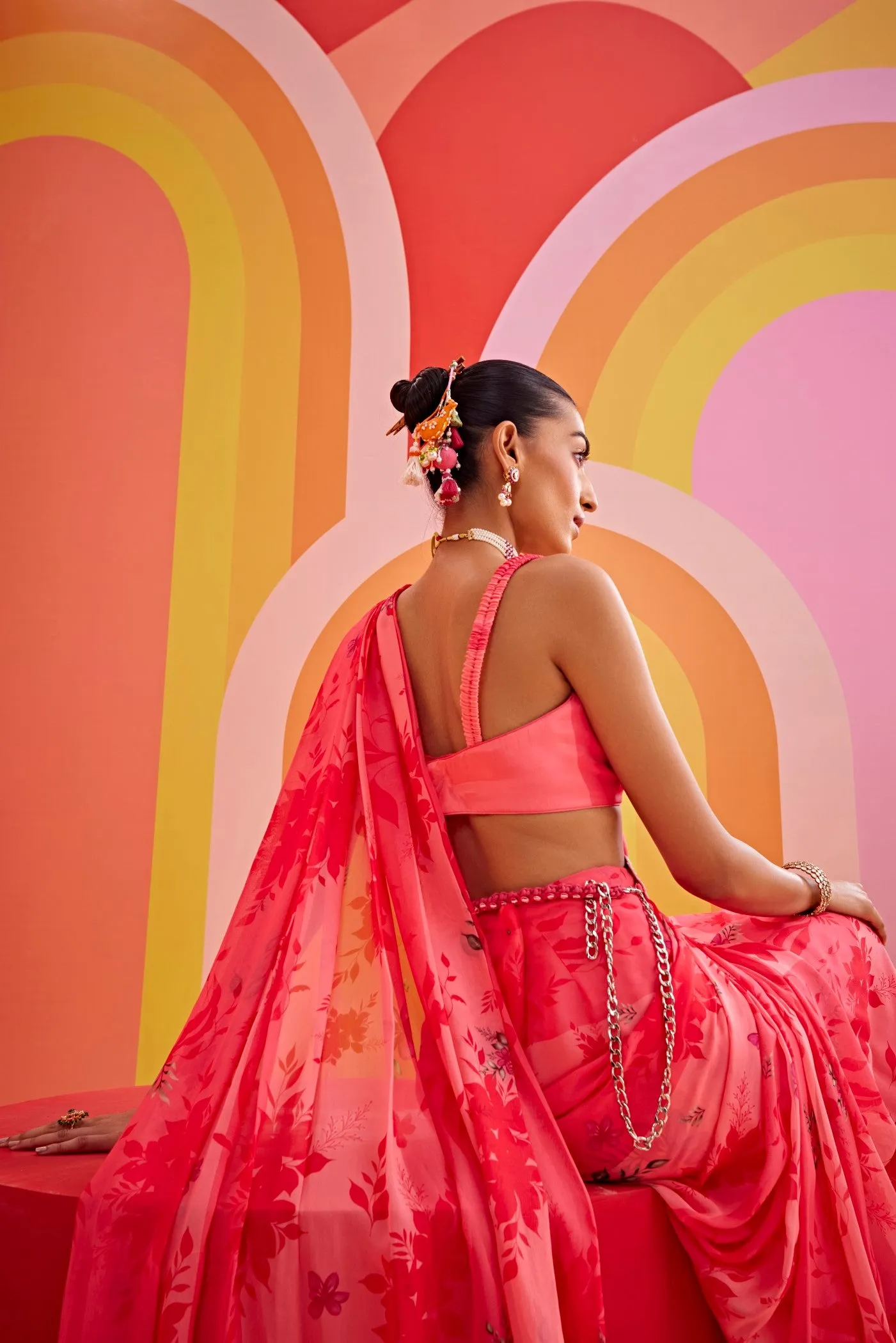 Watermelon pink pre drape saree set