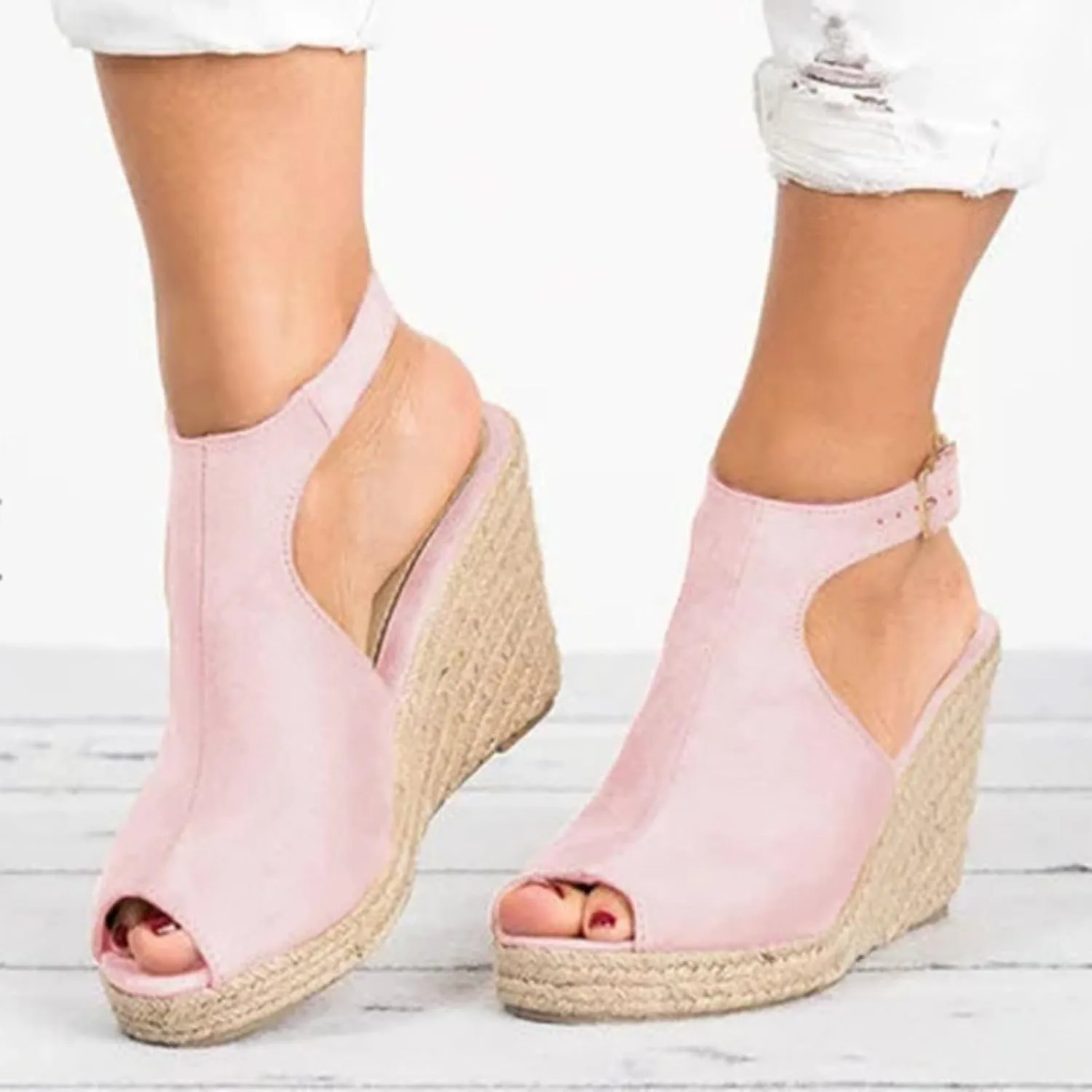 Wedge Sandals for Women Dressy Summer Platform Shoes Casual Open Toe Espadrilles Ankle Strap Buckle High Heels Sandal Straw Woven Classic Shoe Comfortable Walking Shoes for Outdoor
