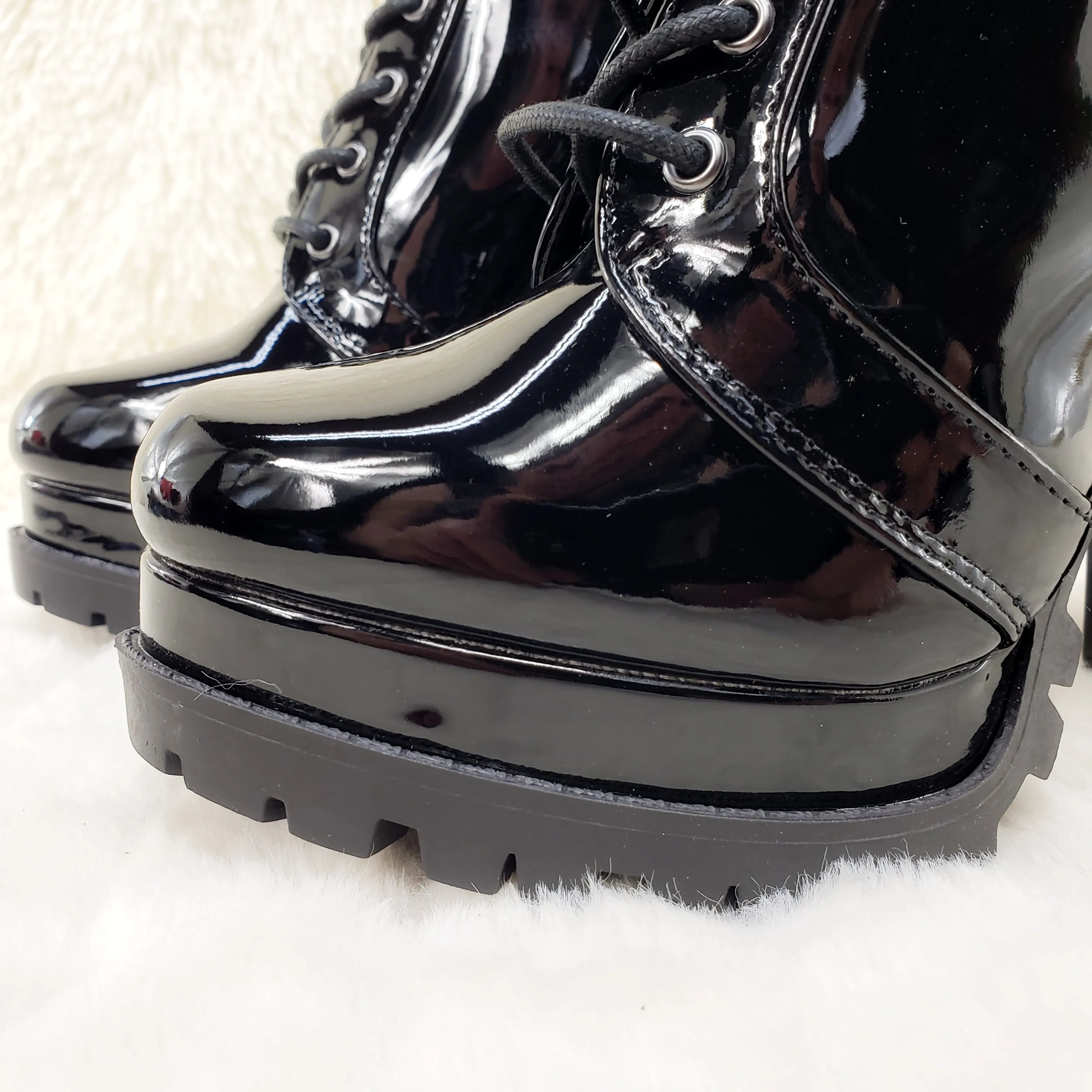 Wild Diva Vivian Black Patent Chunky Heel Platform Ankle Boots