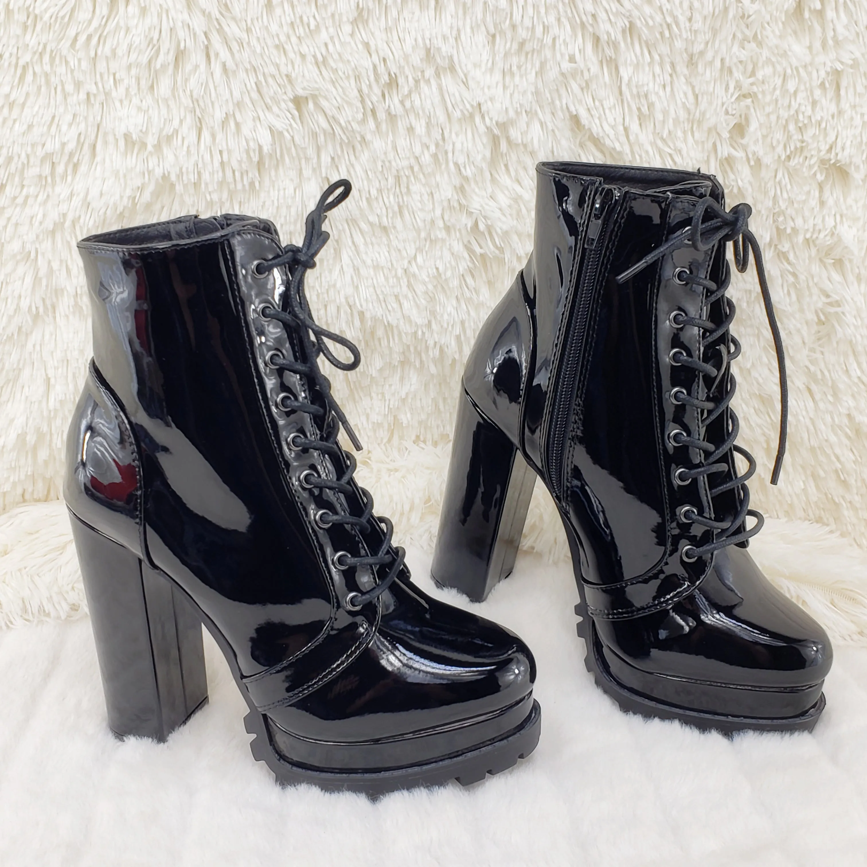 Wild Diva Vivian Black Patent Chunky Heel Platform Ankle Boots