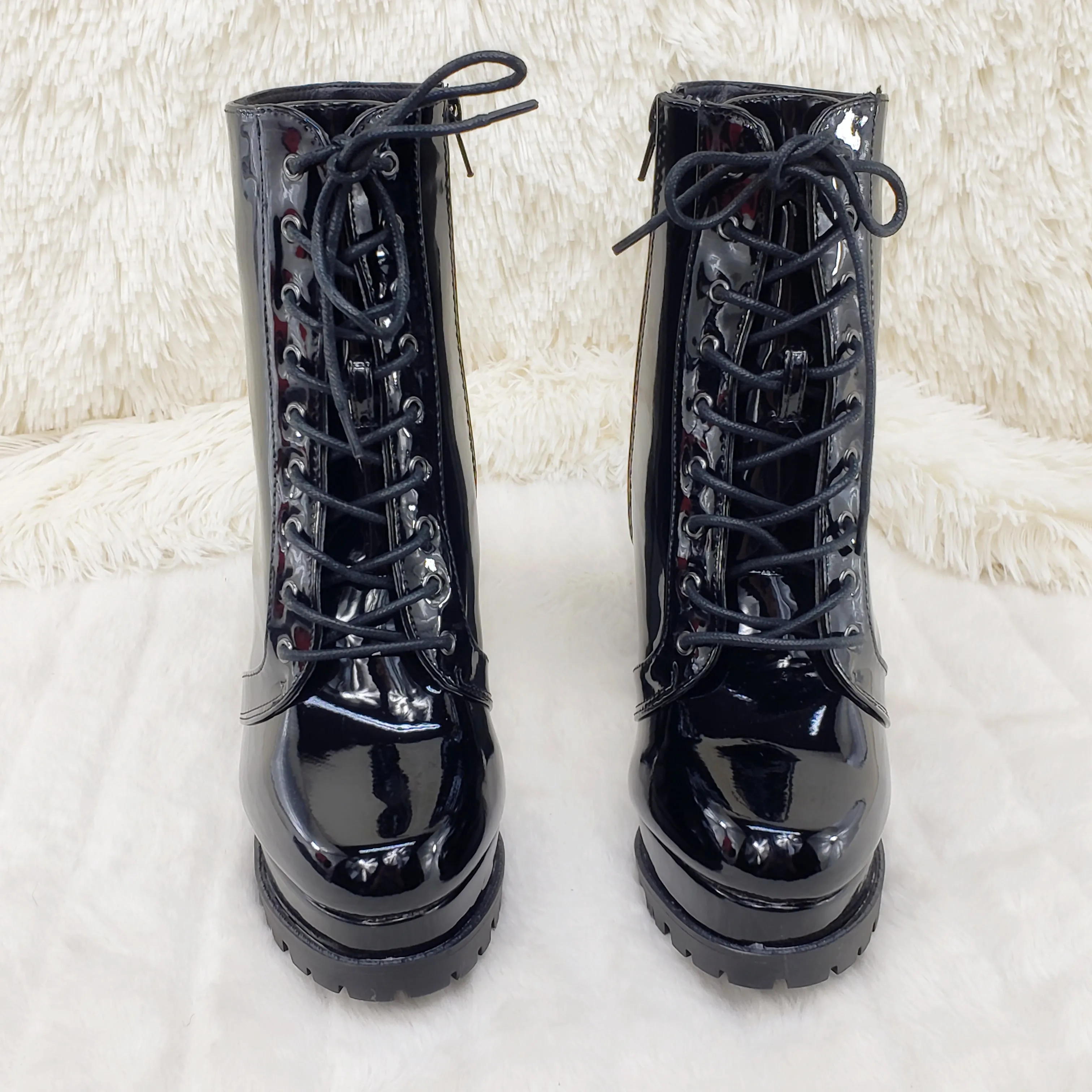Wild Diva Vivian Black Patent Chunky Heel Platform Ankle Boots