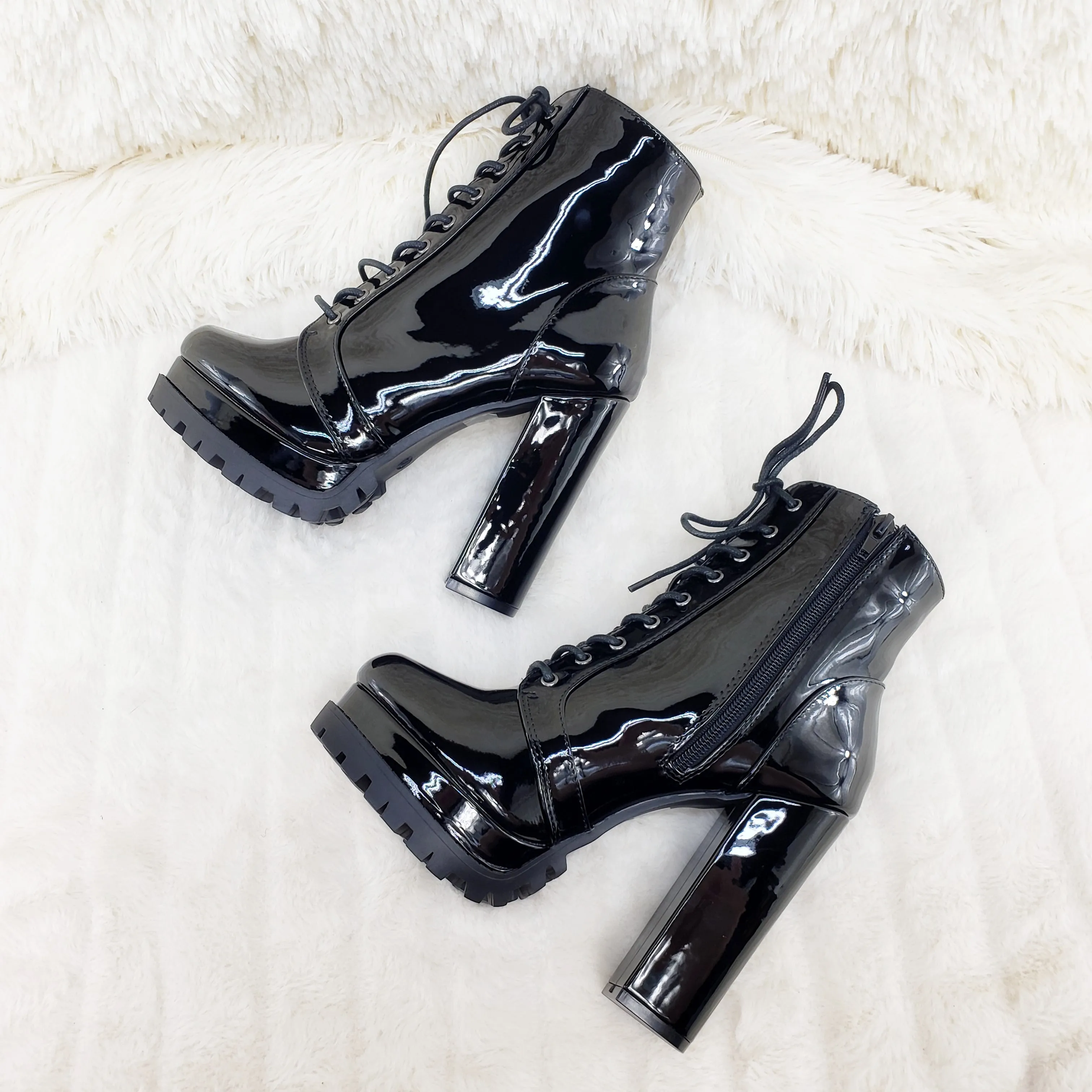 Wild Diva Vivian Black Patent Chunky Heel Platform Ankle Boots
