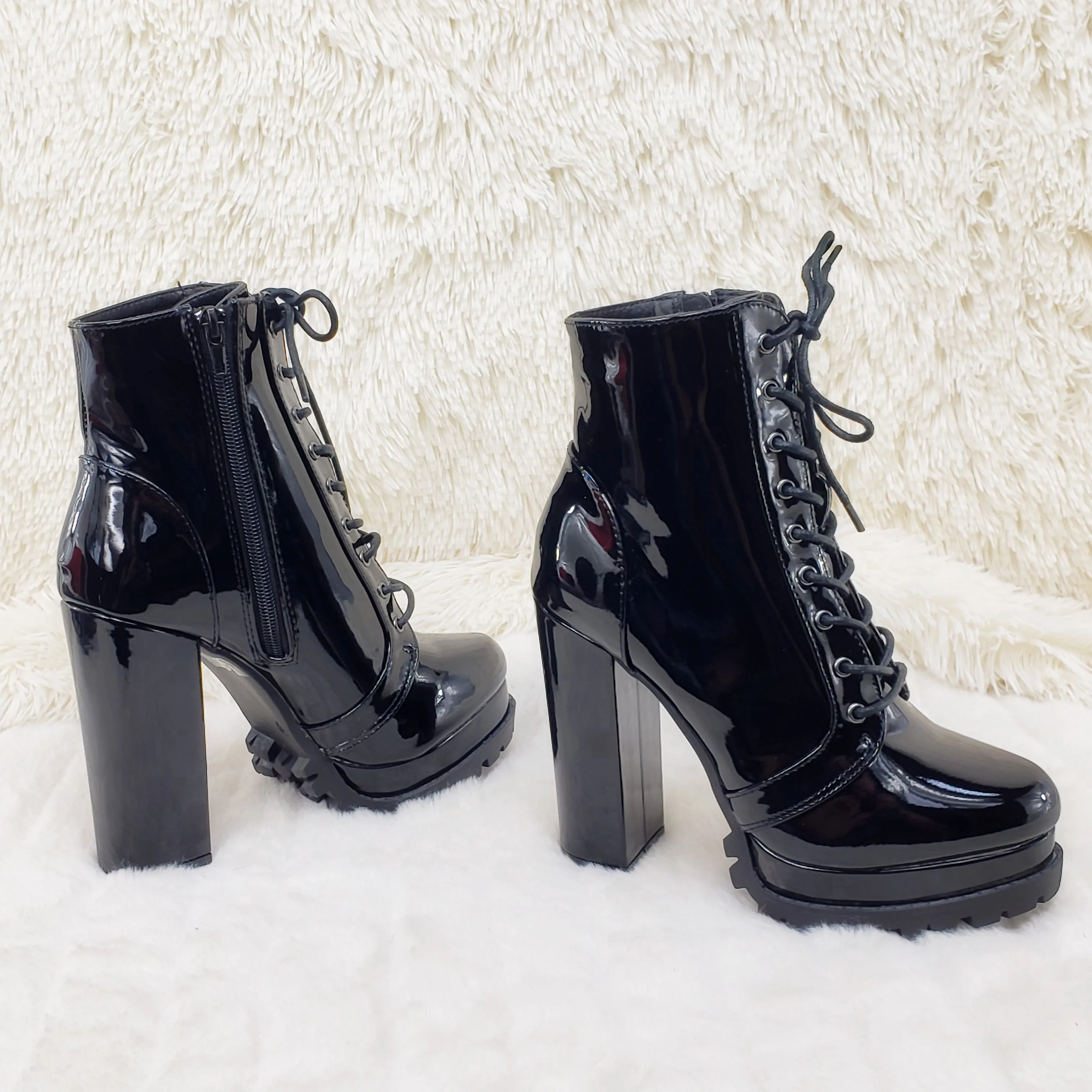 Wild Diva Vivian Black Patent Chunky Heel Platform Ankle Boots
