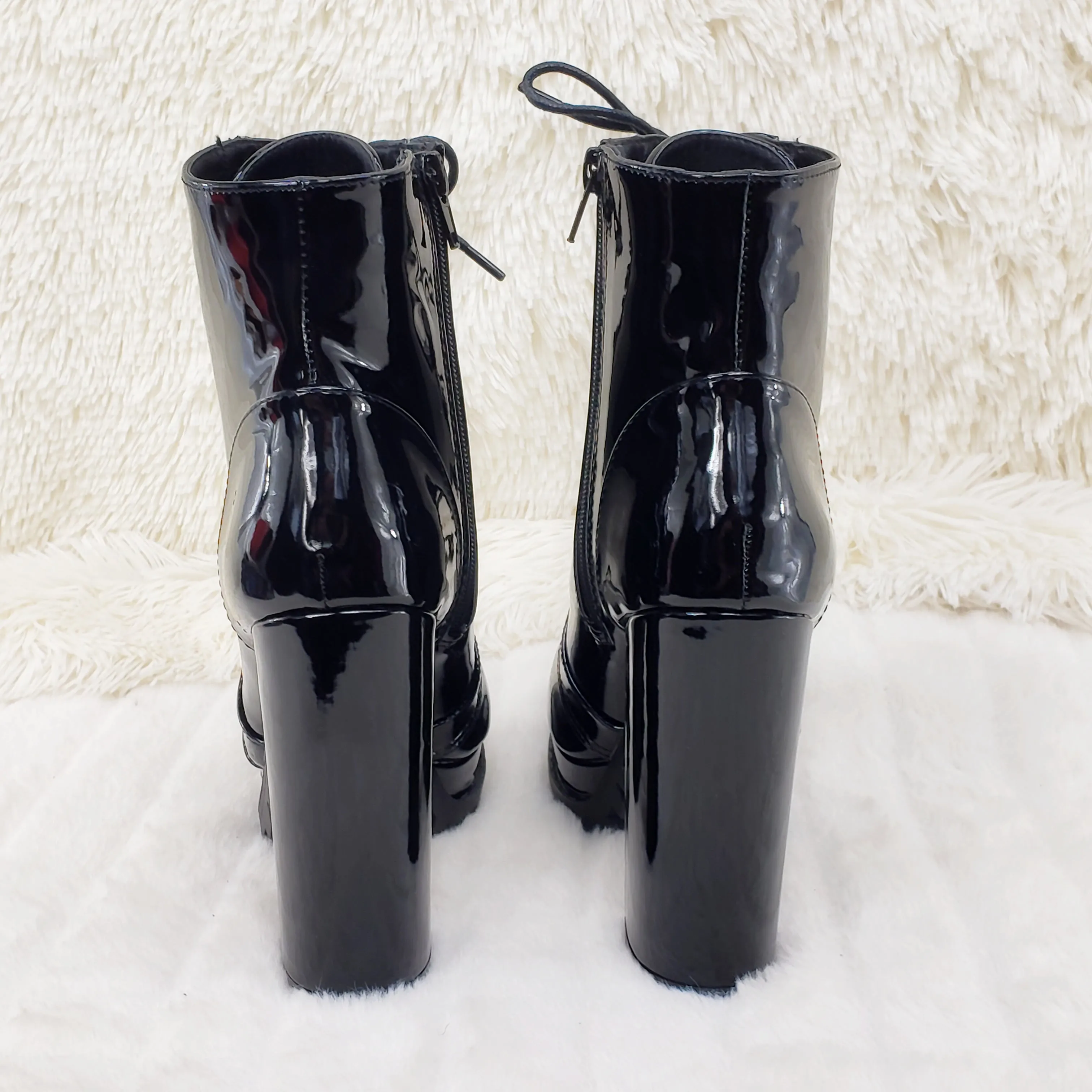 Wild Diva Vivian Black Patent Chunky Heel Platform Ankle Boots